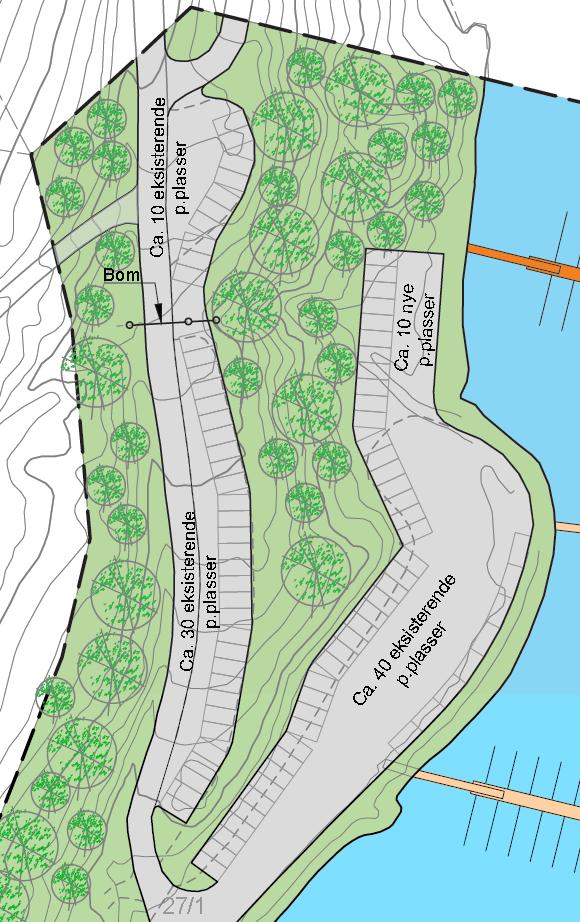 26 (32) SOLNES BÅTHAVN Figur 21: Illustrasjonsplan som viser ønsket utvidelse med ny landgang (pir) med utriggere. 6.3 Parkering Dagens parkeringsplass har etter normen plass til 80 plasser (2,5x5m).