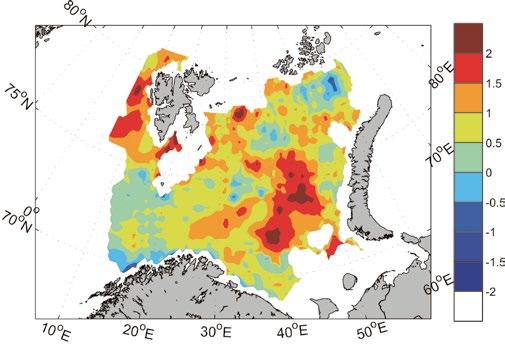 met kan ha stor betydning for transporten av dyreplankton inn i Barentshavet. I gjennomsnitt transporteres det nesten 2 Sverdrup (Sv) atlanterhavsvann inn i Barentshavet.
