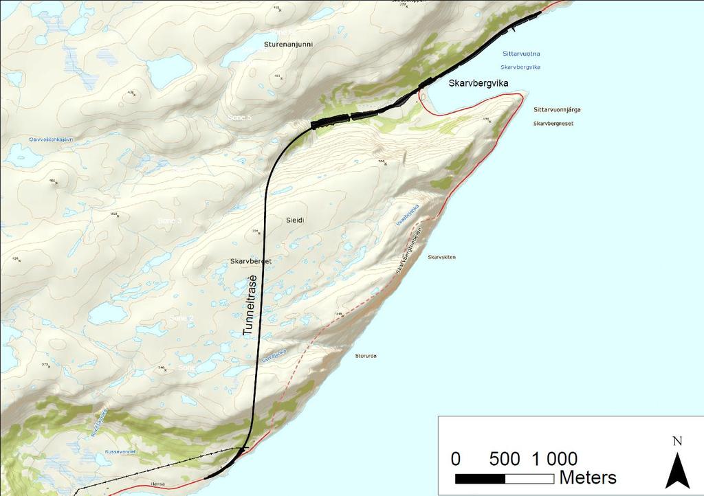 1 INNLEDNING 1.1 Bakgrunn Statens vegvesen planlegger ny trasé for Ev69 mellom Hønsa og Skarvebergvika med en ~3500 m lang tunnel og 3150 m ny veg i dagen (figur 1).