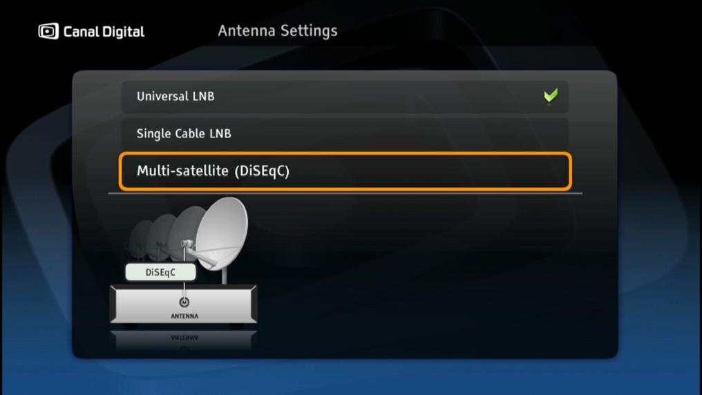 Antenneinnstillinger Hvis du vil endre antennekonfigurasjonen, kan du velge mellom to konfigurasjoner i skjermbildet Antenneinnstillinger.