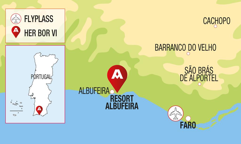 Albufeira ALGARVEKYSTEN Omtrent midt på Algarvekysten ligger den populære feriebyen Albufeira.