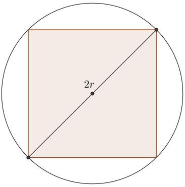 Se oppgave 4. Hjelpelinja fra sentrum til et av hjørnene i kvadratet er en radius og samtidig hypotenus i en trekant.