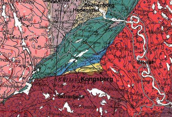 Figur 1. Berggrunnskart over området som omslutter Lauarvatna. Lauarvatna er merket med blått. Områder merket med grønt, blått og gult består av Oslofeltets kambriske og siluriske bergarter.