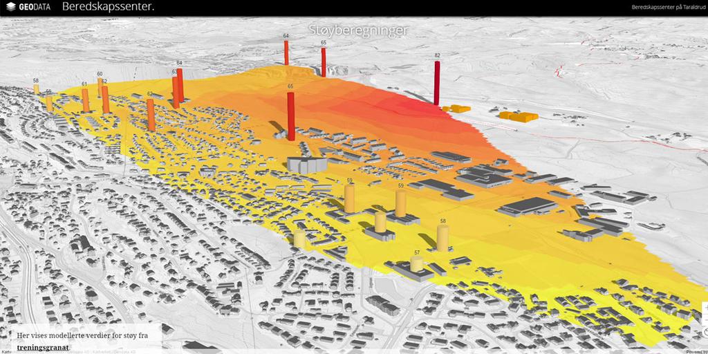 SINTEF har utført støyberegninger for ett utvalg nærliggende bygninger i området. Her vises modellerte verdier for støy fra treningsgranat. Vi har brukt Story Map (https://storymaps.arcgis.