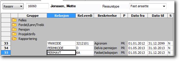 Relasjon på ressurs eller ansettelse Trinn 1 Begrepet PERMAVT settes opp som relasjon på standardbegrepene RESSNR (C0) og STILLNR (CG) RESSNR STILLNR 2 Dersom permisjonen gjelder for alle ressursens