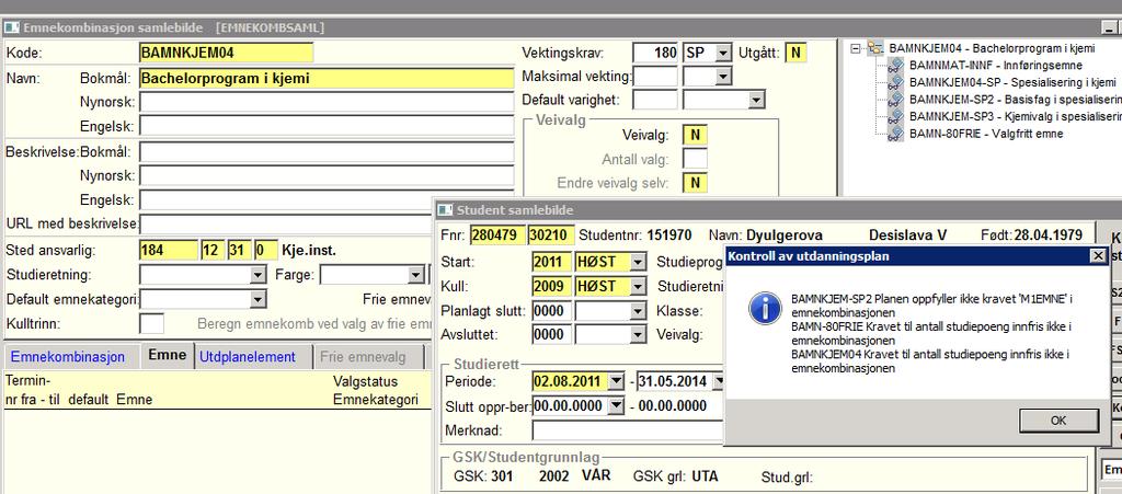 Kravene i graden ligger i emnekombinasjonen og kontrollen gir tilbakemeldinger i forhold til kategoriene i delemnekombinasjonene.