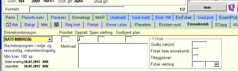 Fig 12 Opptak til studieretning i Student samlebilde Fig 13 Studieretningene er oppgitt som delkombinasjoner i Emnekombinasjonen Bytte retning Dersom en student har fått innvilget bytte av