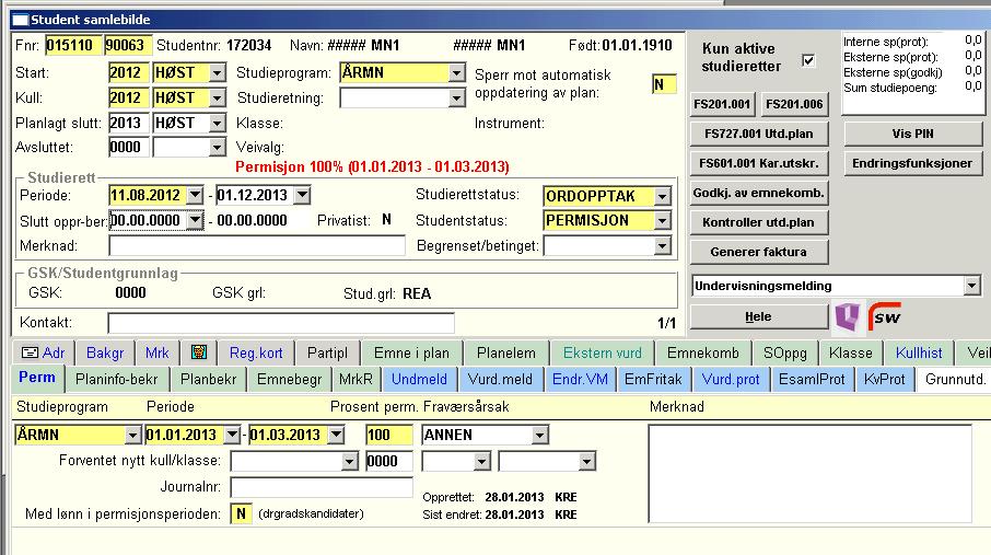 Fig 14 Registrere permisjon Studieprogramstudent samlebilde: a. Permisjon registres i underbildet Perm - Velg ny rad, og fyll deretter ut feltene nedenfor.