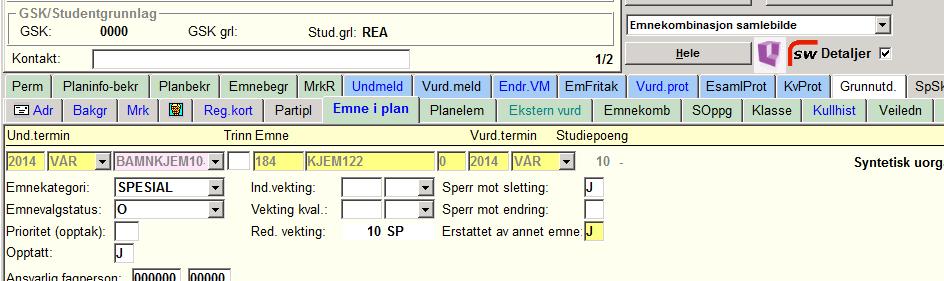 Grønn boks: emnene kan hentes inn i planen ved å trykke på den grønne boksen/pila. Fig 6 Hente emner Det er viktig å fylle ut kategorien på alle emner i utdanningsplanen, se punkt 10.