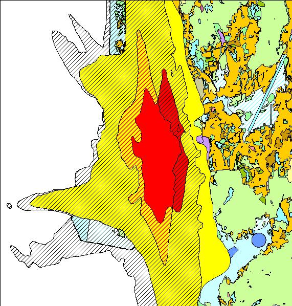 Helfarget gul og rød flystøysone er fra KPA2010, og representerer prognose 2050 m/2 rullebaner Rød skravur er rød flystøysone