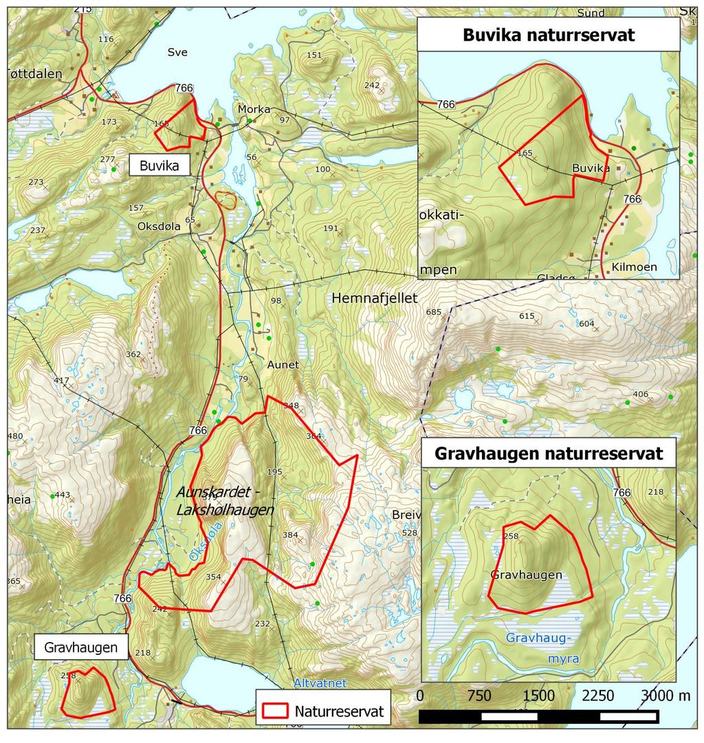 Figur 2. Oversiktskart over Buvika- og Gravhaugen naturreservat. 1.2.1 Vegetasjon Buvika består hovedsakelig av granskog, men har også bra innslag av rogn i de øvre bratte partiene.
