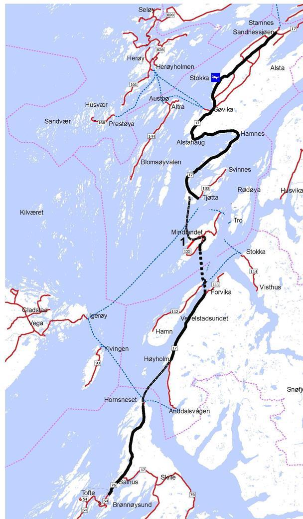Kjøretid Spart tid et følger dagens korridor Brønnøysund -Horn. Fergesambandet Horn- Andalsvåg erstattes av tunnel Horn Høyholm ( 10 km).