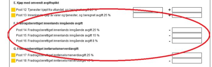 F. Fradragsberettiget innenlands inngående avgift Post 14-15 Tilsvarer gammel post 8 10 (minus fradrag ved kjøp av fjernleverbare tjenester) G.