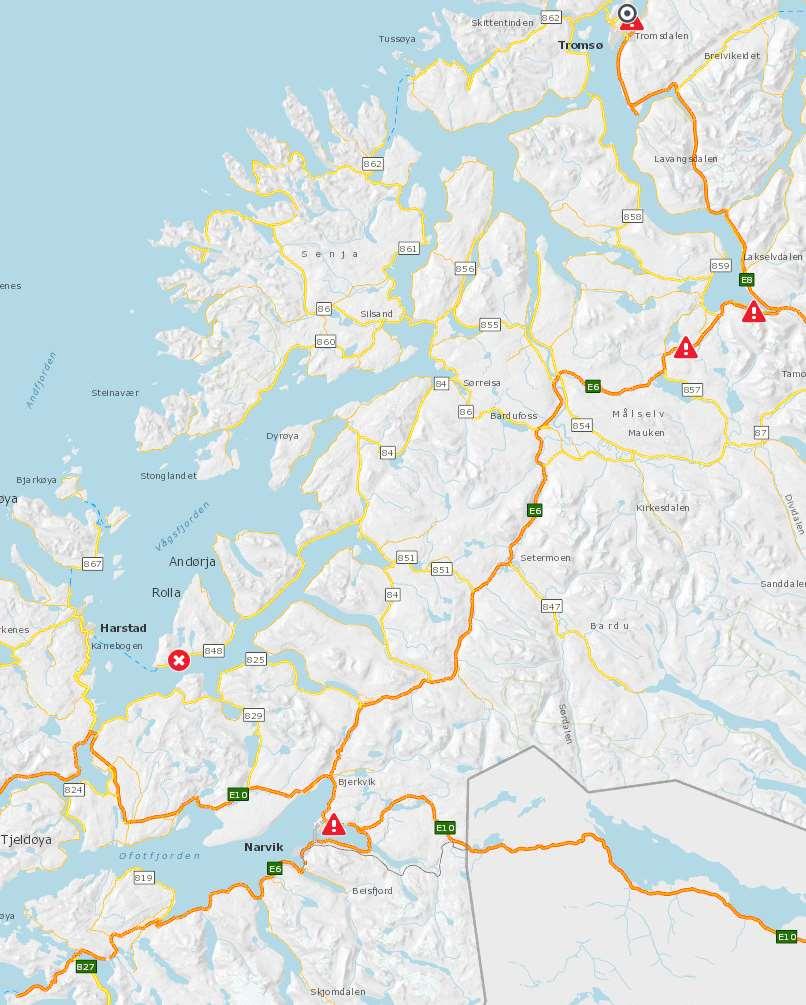 Ved veikjøring er distansen mellom Narvik og Tromsø 250 kilometer. Reisetiden er estimert til 3 timer 32 min. Ved veikjøring er distansen mellom Narvik og Harstad 120 kilometer.