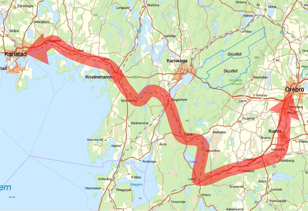 Shortening of running distances Karlstad Örebro, existing line: 155 km, 1:29 hours Karlstad Örebro,
