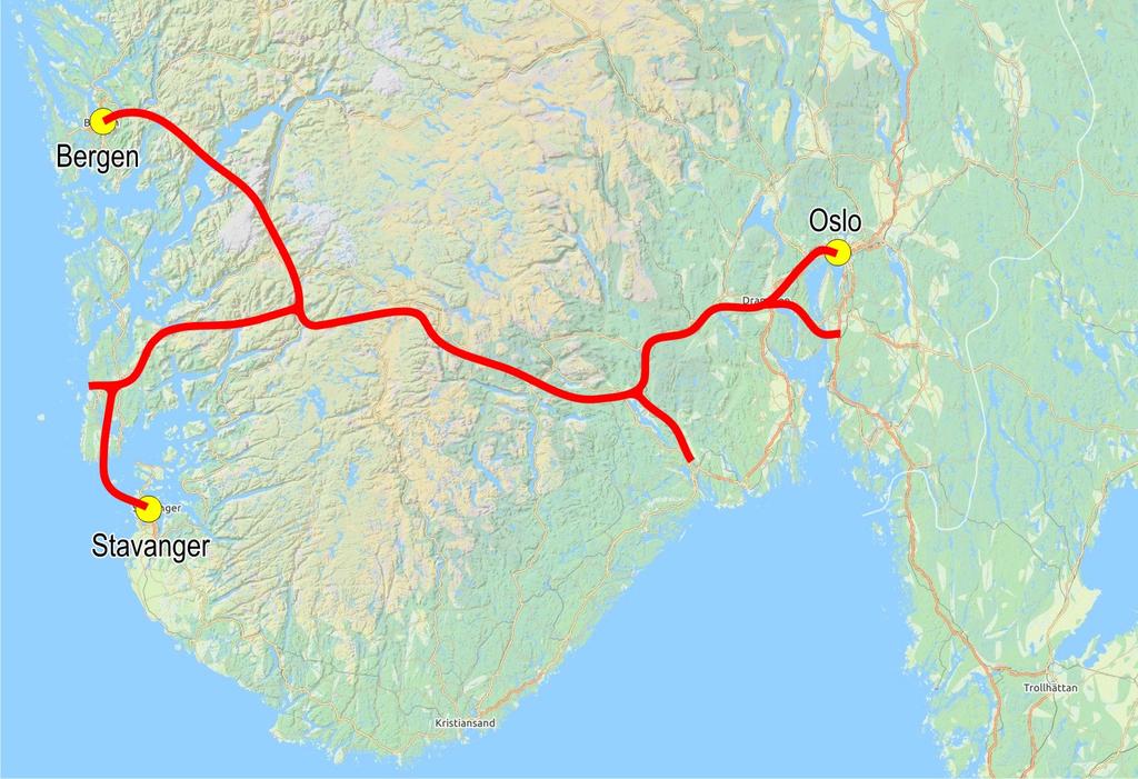 Proposed new line Vestlandsbanen Bergen Oslo: 2:10 h. 2:25 h. (1:46 h. nonstop) Stavanger Oslo: 2:10 h. 2:25 h. (1:48 h.
