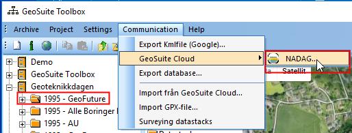 1 Klikk på prosjektmappen 2 Velg GeoSuite Cloud -> NADAG fra menyen Communication 3 Om det nå kommer opp en Alert kan det enten være så at: a Du må rette opp gjenstående feil b Eller velge det