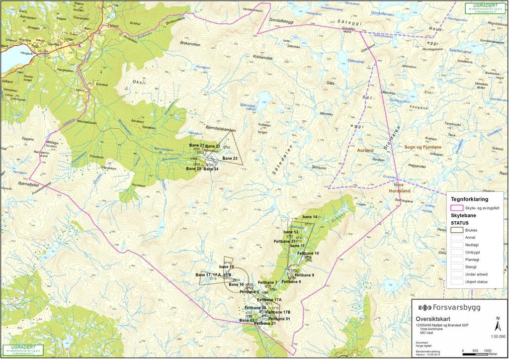 Figur 3-1 Skytebaner/målområder og anlegg i Mjølfjell - Brandset skyte- og øvingsfelt 3.2 Bygg og teknisk forsyning I Brandset leir utgjør bygningsmassen ca. 1 500 m 2.