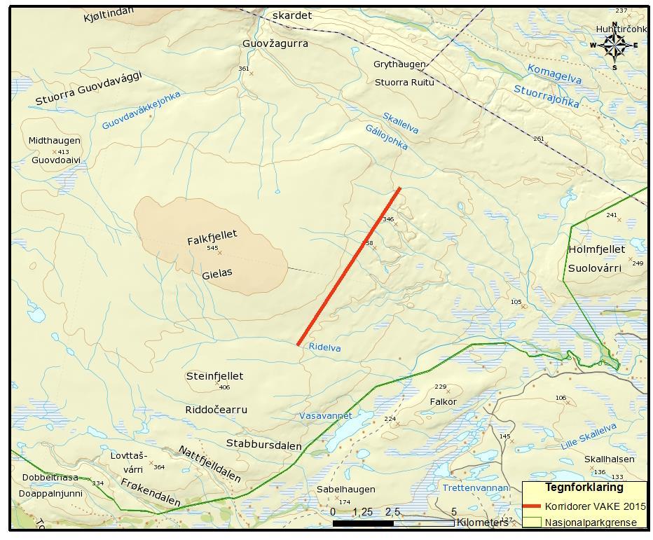 Kart som viser grensen for kiting (rød strek) mot sør og øst i Falkefjell-området