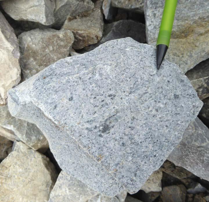 Bilde til høyre feltspat porfyrisk mafisk intrusiv bergart funnet i metaryolitt. Begge bilder fra bruddet ved Sundby gård.