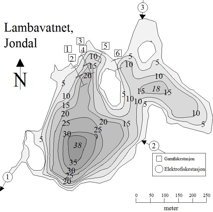 2 LAMBAVATNET I JONDAL INNSJØEN Lambavatnet (LM 421 752, 1215-2), ligger i Årvikvassdraget (46.5Z) i Jondal kommune, 471 moh. Innsjøen har et areal på 18 ha, omkretsen er ca 254 m.