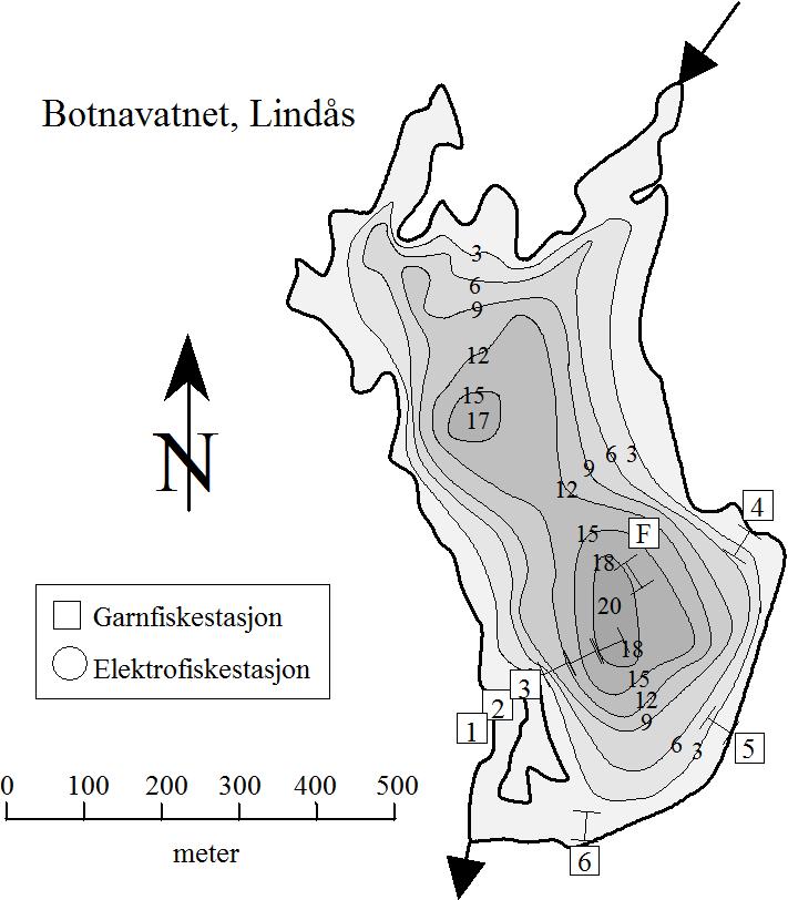 5 BOTNAVATNET I LINDÅS INNSJØEN Botnavatnet (LN 168 445, 1216-4), ligger i Romarheimsvassdraget (64.4Z) i den nordøstre delen av Lindås kommune, 347 moh. Innsjøen har et areal på ca 28 ha.