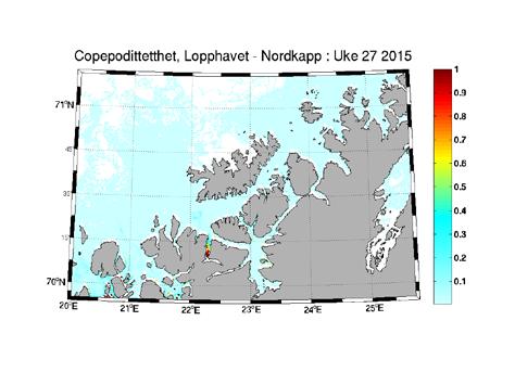 10 Figur 7. Antall infektive kopepoditter per kvadratmeter, sum over de siste 10 dager. Modellen indikerer lite lus i Altafjorden i den første perioden (Figur 7), uten noen røde områder.