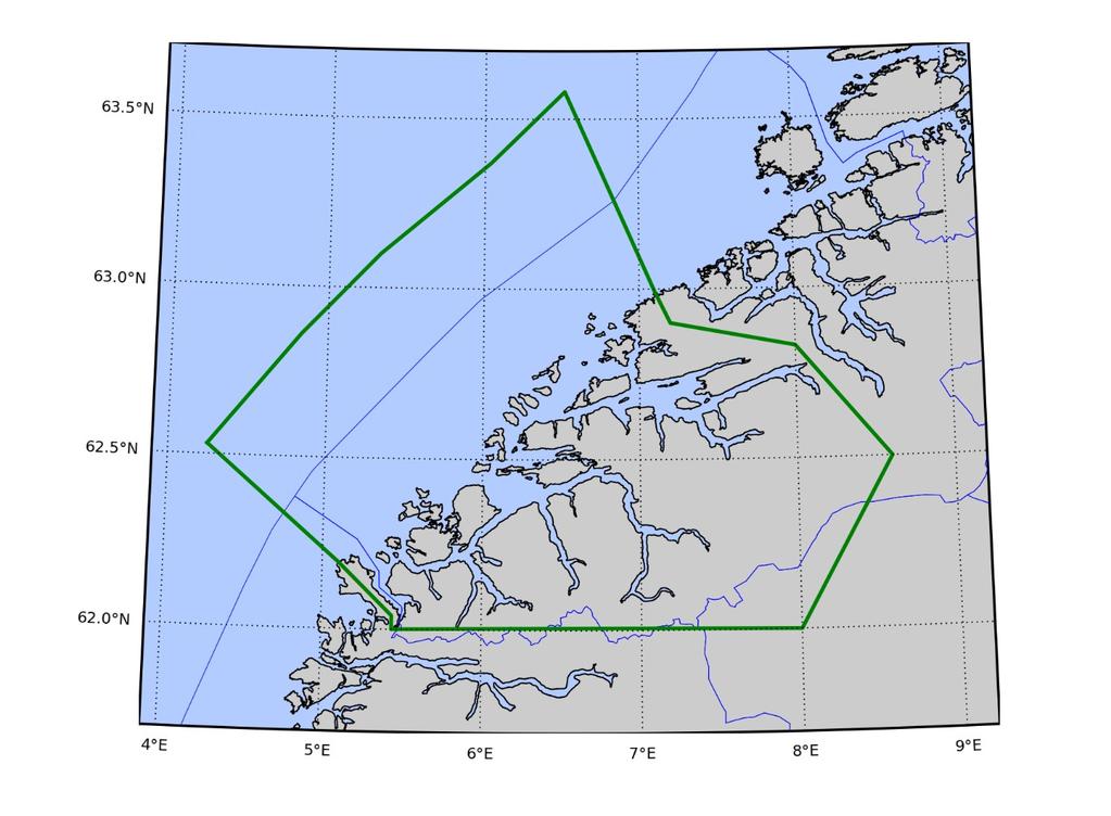 Område 5: Stadt til Hustadvika Produksjonsområde 5 avgrenses ved 30 nautiske mil fra grunnlinjen og følgende linjer: 1.