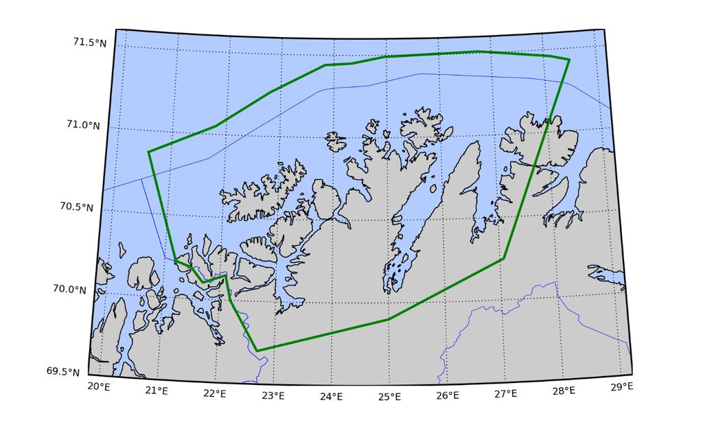Område 12: Vest-Finnmark Produksjonsområde 12 avgrenses ved 20 nautiske mil fra grunnlinjen og følgende linjer: 1.