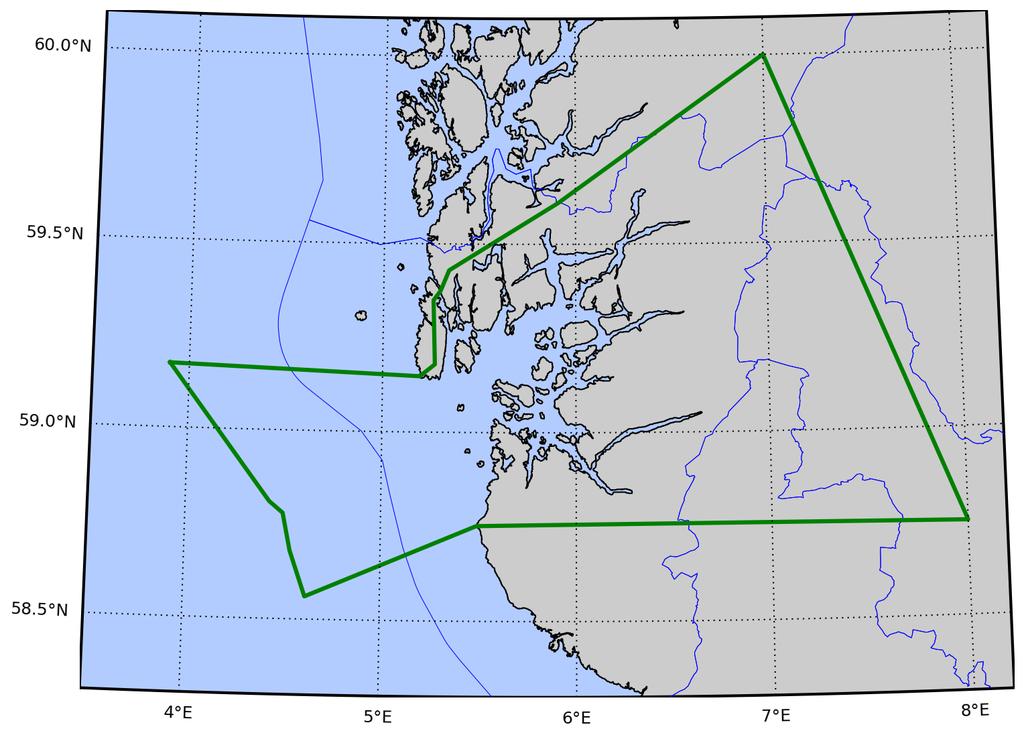 Område 2: Ryfylket Produksjonsområde 2 avgrenses ved 30 nautiske mil fra grunnlinjen og følgende linjer: 1. Jærens rev ved Søre Revtangen, N 58 45.12 Ø 5 29.
