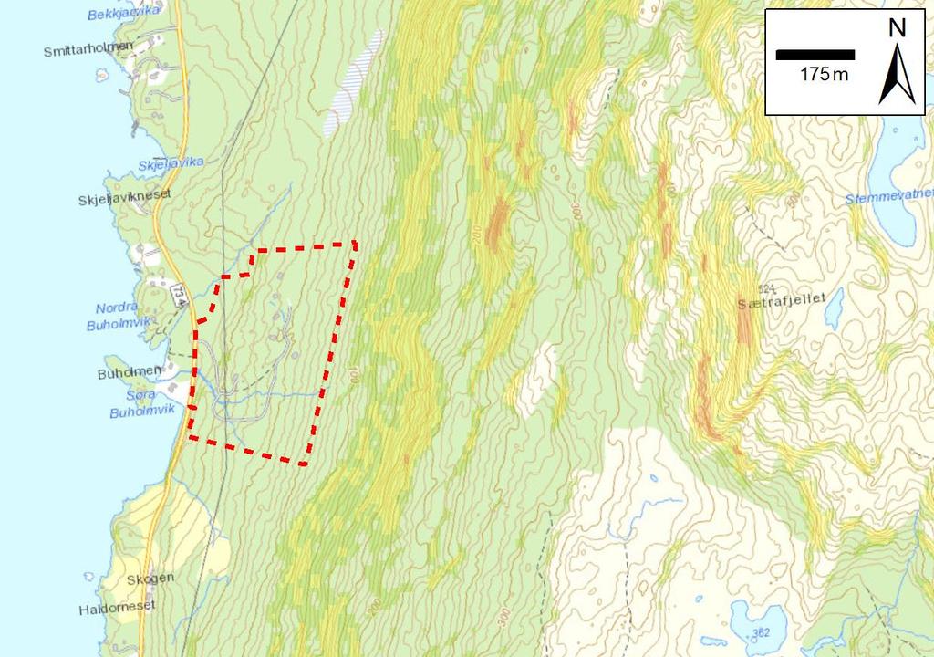 Figur 3: Helningskart for hele skråningen basert på 10 x 10 m terrengmodell fra Statens Kartverk.