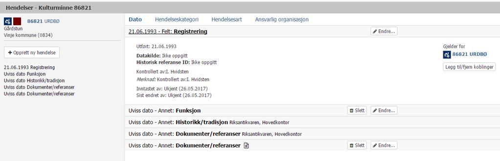 Hendelser Alle hendelser som er registrert på et objekt (lokalitet/kulturminne/enkeltminne) listes opp, med metadata, på en egen side.