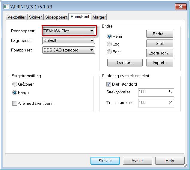 DDS- CAD har ferdig definerte pennoppsett, og vi bruker den som heter VVS. Pennoppsett. Bruk Teknisk Plott.
