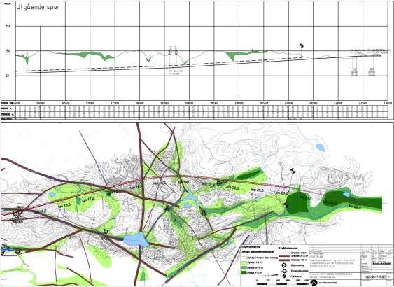 Follobanen Dok nr: UOS00-A-36105 Side: 19 av 38 Figur 6 - Plan- og profiltegning som viser løsmassemektighet fra Assurtjern til Ski Beregningene er utført med flere forenklende forutsetninger