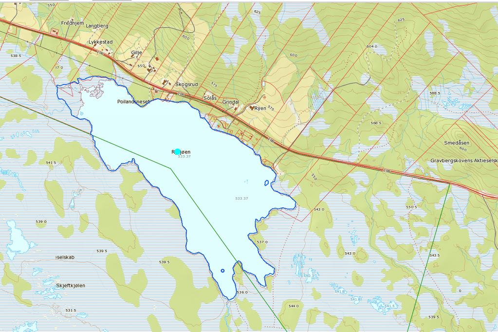 Rysjøen Vannprøver: Koordinater: 33V 0352426E, 6773757N Maksdyp: 5 meter Bunnfaunaprøver: Prøve tatt i nordvest. Bunn av større stein med mye sand innimellom.