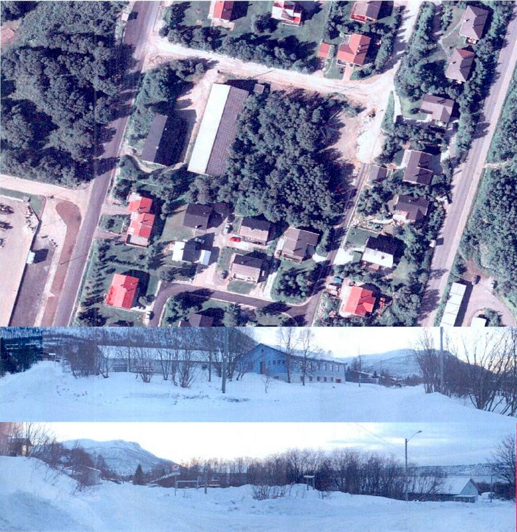 Figur 5.1: Foto over planområdet. Bygningene på eiendommen er det gamle marinelageret til forsvaret. Nederste bilde viser nordøstre hjørnet av tomta som i dag fungerer som plass for lek og ballspill.