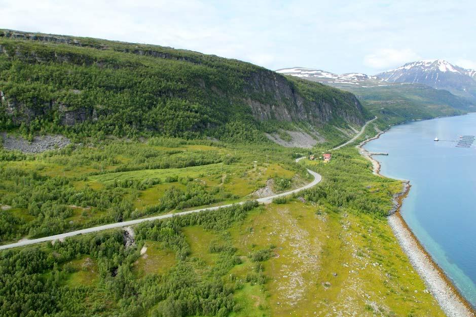 Vegen går langs fjorden og følger terrenget. Det er lave bergskjæringer, fyllinger har vokst seg frodig grønne. Vegen oppleves som integrert og godt tilpasset omgivelsene.