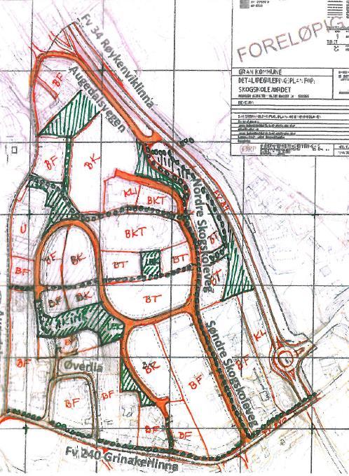 Alternativ 5 Bare trafikk fra Augedalsvegen i kryss med fylkesveg 34/Røykenviklinna. Kun gang- /sykkeltrafikk mot nord fra tidligere skogskolen.