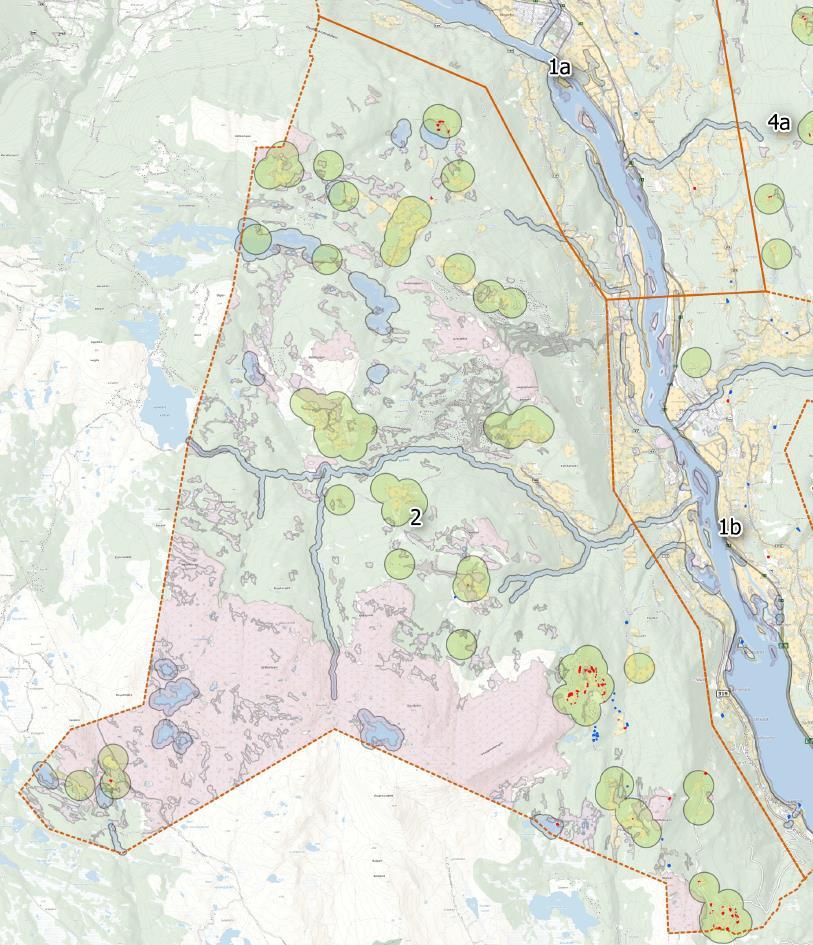 Ill: Delområde 2. 3.3.1 Berørte tema i analysen Det er 91 fritidsboliger i LNF-område innenfor delområdet, og gjennomsnittsstørrelsen på bebyggelsen er 82 m2 BRA.