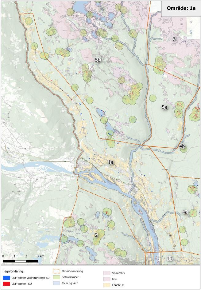 Ill: Delområde 1a. Dette området er ikke omfattet av regional plan for Rondane-Sølnkletten. 3.1.1 Berørte tema i analysen Det er 46 fritidsboliger innenfor området, og gjennomsnittsstørrelsen er 110 m2 BRA.