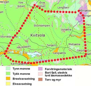 Lausmassekart for Høstdalen (bearbeidd etter www.ngu.no). 3.4 Lausmassar Med unnatak av dei mest eksponerte høgdene, har lausmassar jamn og ofte tjukk dekning i heile kartleggingsområdet.