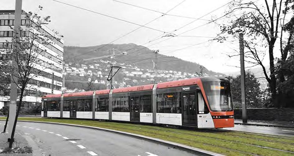 Figur 11 Ledningsoppheng Bybanen i Bergen. Foto: Bybanen AS På Figur 12 er 11m-løsningen i Strandgata vist med både master og ledninger (se også vedlegg 13).