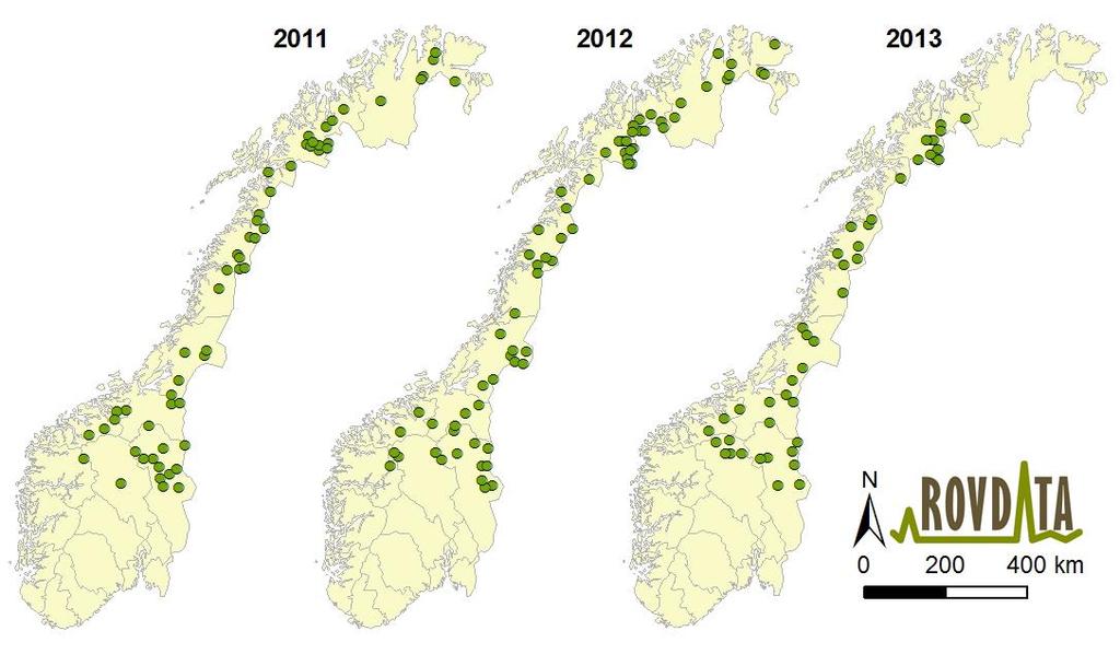 Antall registrerte ynglinger av jerv NINA Rapport 981 80 Ynglinger av jerv i Norge 2009-2013 70 60 12 17 50 7 9 40 4 30 20 46 54 49 51 40 10 0 2009 2010 2011 2012 2013 Figur 3.