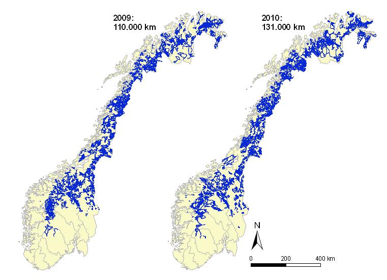 Figur 2. Geografisk fordeling av innsatsen ved yngleregistrering av jerv i Norge i 2009 og 200.