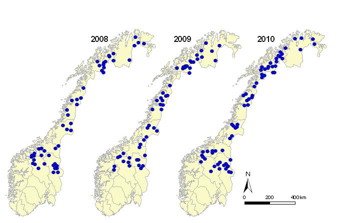 70 Ynglinger av jerv i Norge 2006-200 60 2 Antall registrerte ynglinger av jerv 50 40 30 20 8 49 0 40 4 7 46 54 0 0 2006 2007 2008 2009 200 Årstall Figur 3.