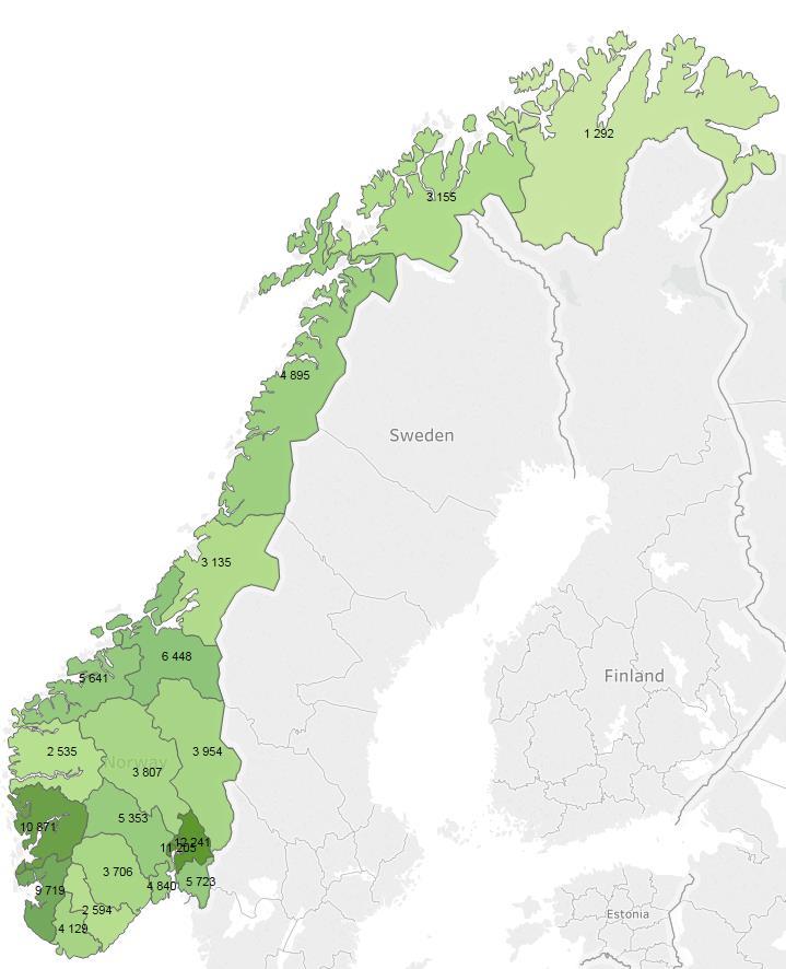 Tabell 1: Søkere med elektroniske vitnemål fordelt per utstederfylke Utstederfylke Antall søkere med vitnemål i NVB per vitnemålsstatus Kart 2: søkere med gyldige vitnemål i NVB Annullert Gyldig