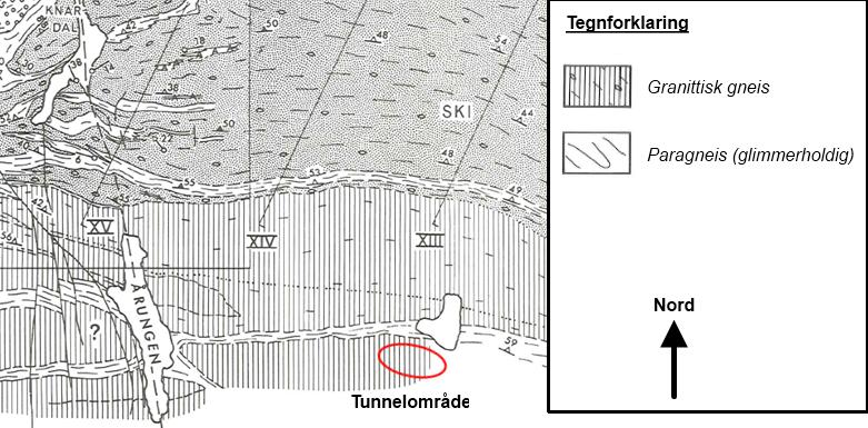 Kartene fra Graversen (1984) indikerer også at gneisens foliasjon i området øst for Østensjøvannet er ca. N300 o Ø/52 o NØ.