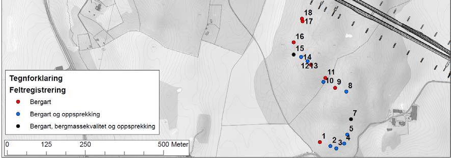 Det er også observert soner med amfibolitt, pegmatitt og glimmergneis. Det er hyppig forekomst av pegmatittganger, med mektighet er stort sett under 1 meter, se figur 9.