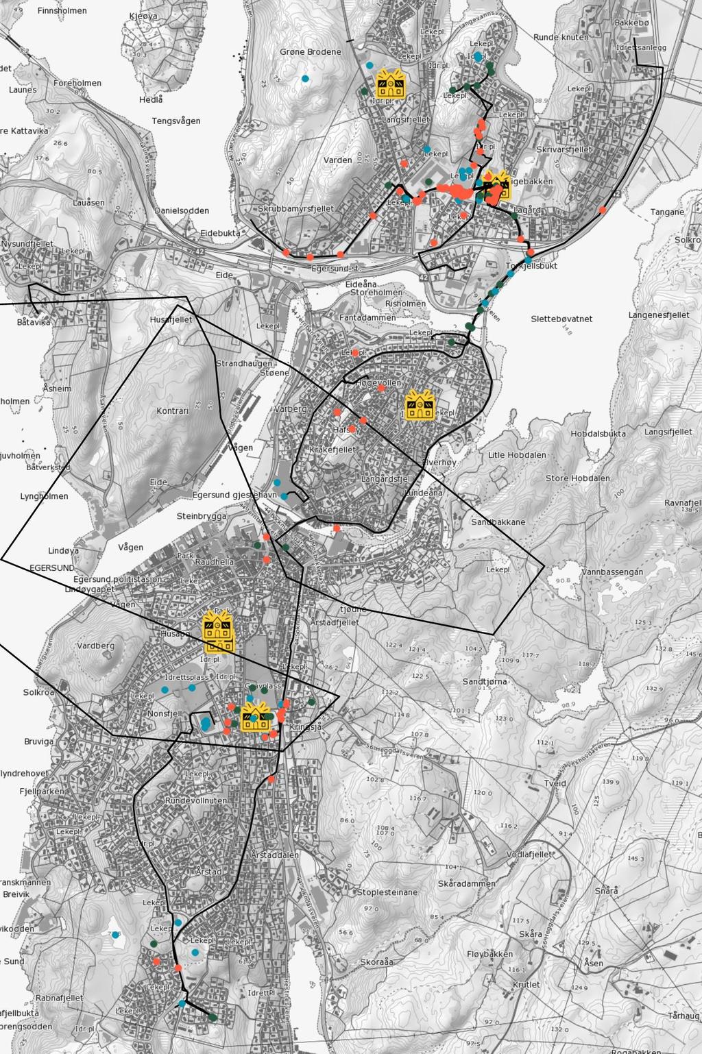 Figur 6: Barnetråkkregistrering fra 9. klasse på Lagård ungdomsskole. Veiene de har registrert er svarte streker.