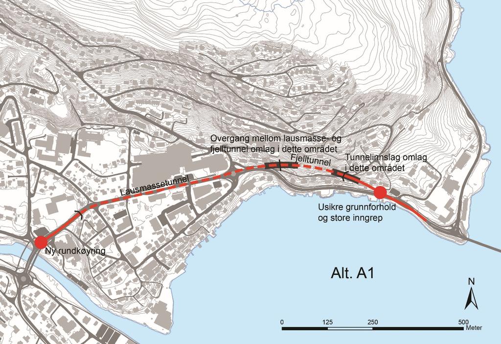 Alternativ A1. Miljølok gjennom Gravensteinsgata forlenga med fjelltunnel fram til Solhov.